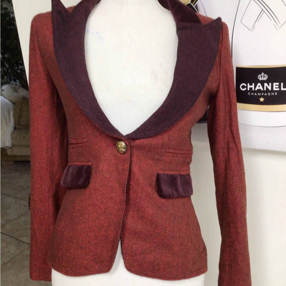 Smythe Velvet Trimmed Peak Lapeled Herringbone Blazer